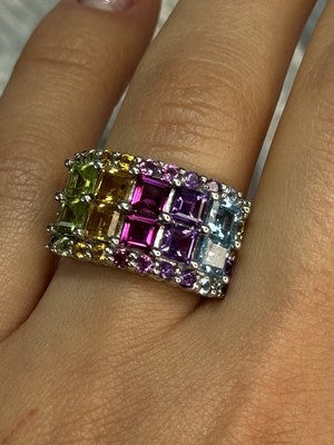 925 Sterling Silver Multicolor Stones Ring Size 7