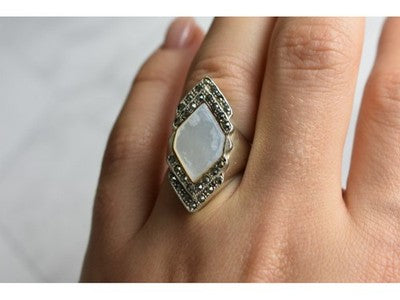 925 Sterling Silver Mother OF Pearl & Marcasites Ring Size 6.5