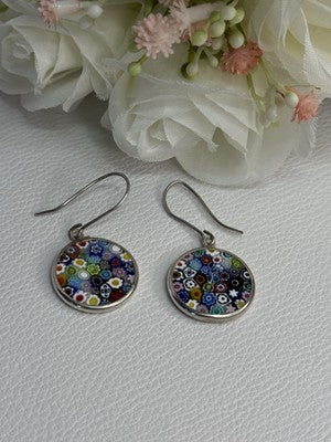 Murano Venice Millefiori 925 Sterling Silver Earrings Length 1.60 Inch