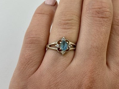 925 Sterling Silver Blue Spinel & CZ Ring Size 6.75