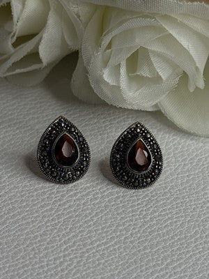 925 Sterling Silver Garnet & Marcasite Earrings Length 0.60 Inch