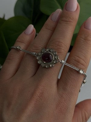 Antique Djoy 925 Sterling Silver Ruby & Beryl Flower Heart Bracelet 7