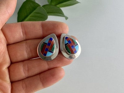 Vintage 925 Sterling Silver Agate Mosaic Stud Earrings