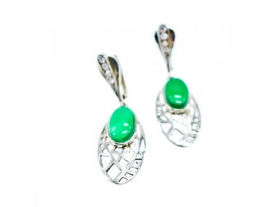 Vintage 925 Sterling Silver Green Agate & CZ Earrings
