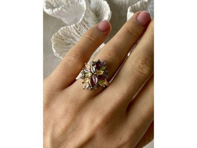 925 Sterling Silver Gold Plated Multi Gemstones "Flower" Ring Size 8