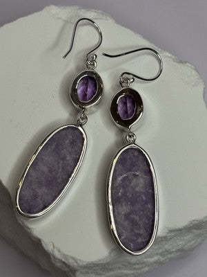 925 Sterling Silver Lepidolite & Amethyst Earrings Length 2.5 Inch