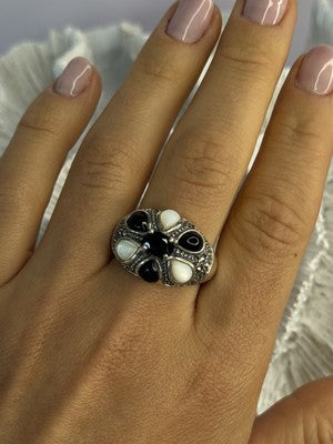 925 Sterling Silver Onyx Abalone & Marcasite Ring Size 10