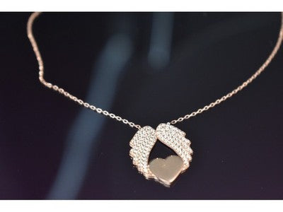 925 Sterling Silver Gold Plated CZ "Angel's Wings with Heart" Necklace