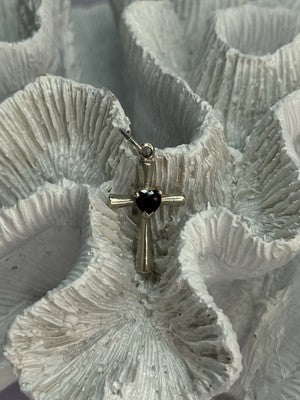 925 Sterling Silver Garnet Heart Cross Length 1.2 Inch