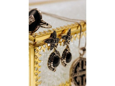 Vintage 925 Sterling Silver Onyx & Marcasites Earrings