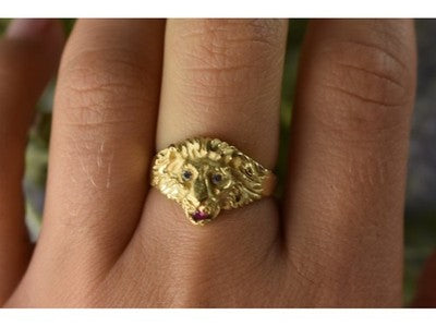 14K Yellow Gold Ruby & Quartz "Lion" Ring Size 8.5