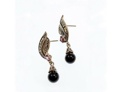 925 Sterling Silver Nephrite, Amethyst & Marcasites Earrings