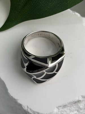 Italy Geometric Design 925 Sterling Silver Black Onyx Ring Size 10