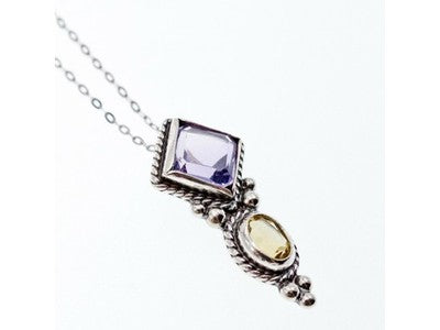 925 Sterling Silver Amethyst & Citrine Chain With Pendant Italy