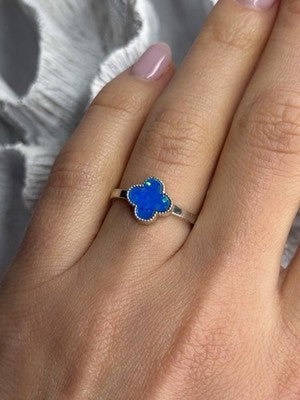 Clover 925 Sterling Silver Blue Simulated Opal Ring Size 7
