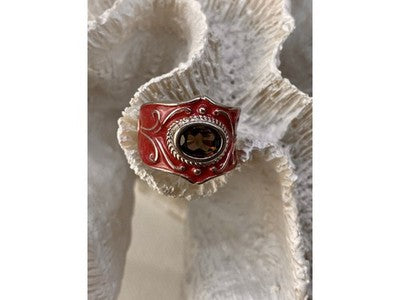925 Sterling Silver Hessonite & Red Enamel Ring Size 9.5