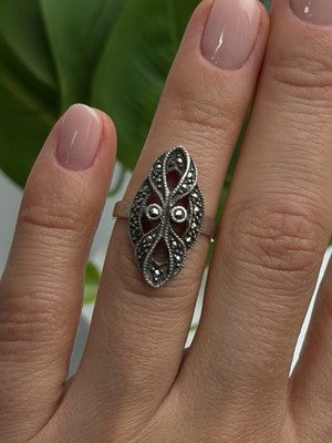Vintage Filigree 925 Sterling Silver Marcasite Ring Size 6