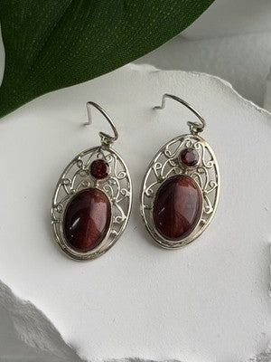 925 Sterling Silver Amber & Garnet Earrings