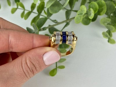 925 Sterling Silver Gold Plated Sapphires & CZ Ring Size 7