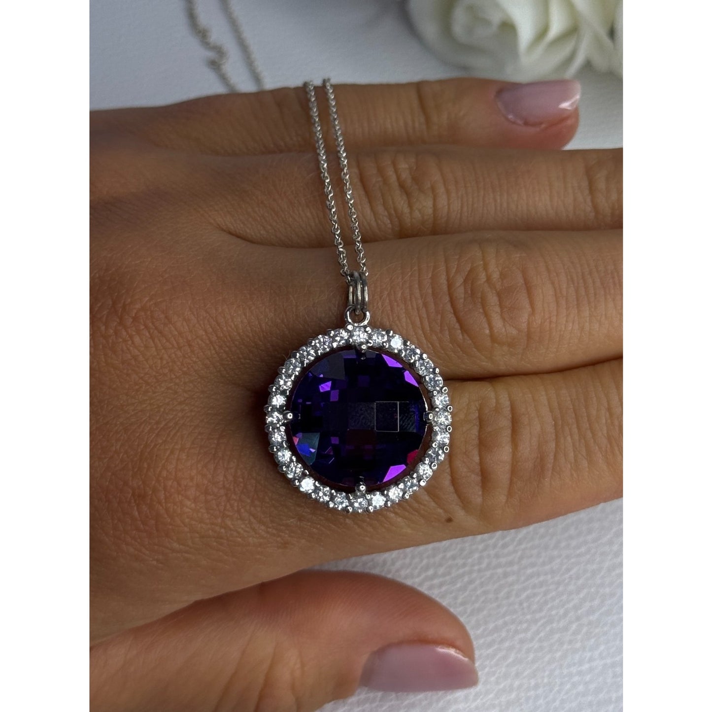 925 STERLING SILVER PURPLE CRYSTAL & CZ NECKLACE LENGTH 18 INCH