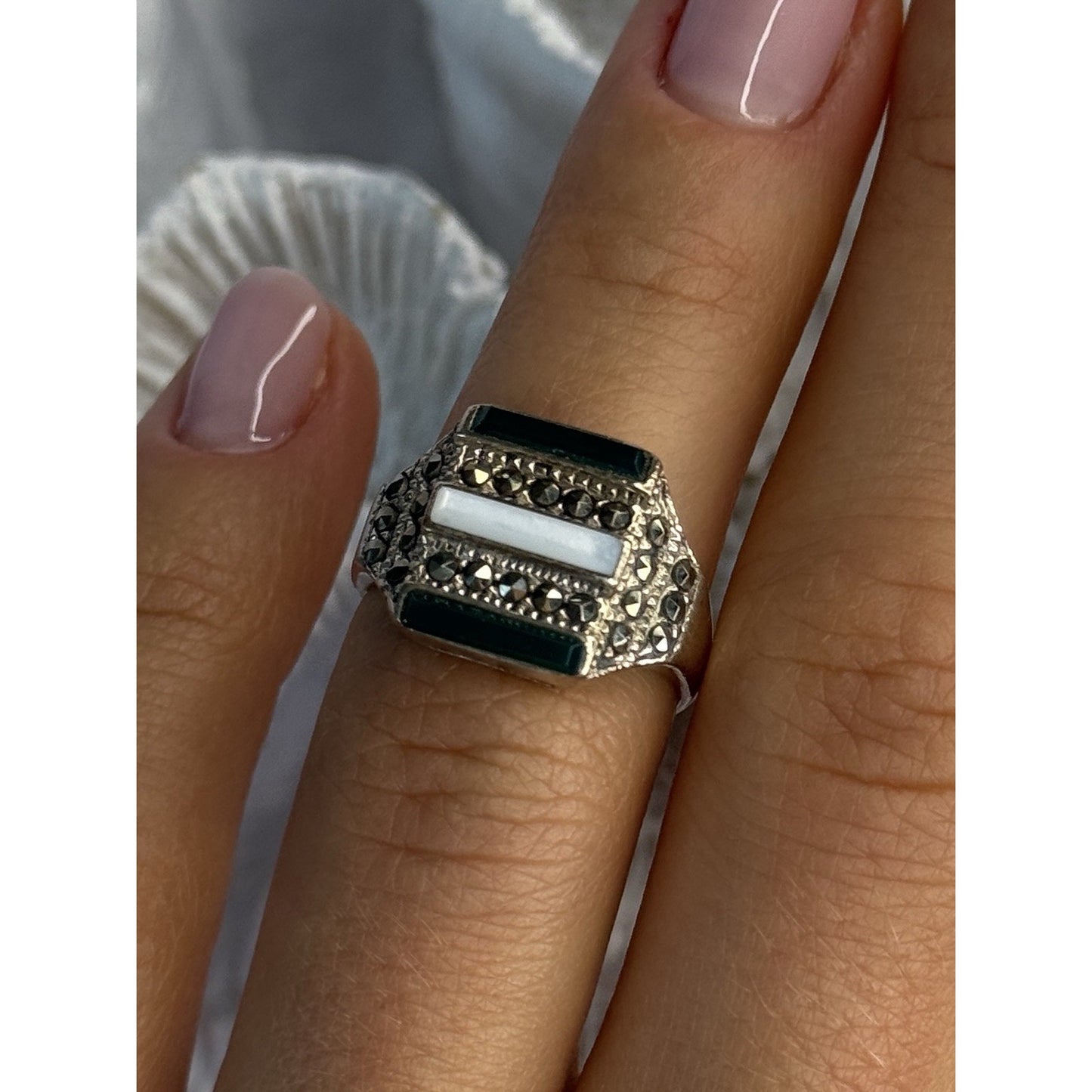 925 STERLING SILVER JADE ABALONE MARCASITE RING SIZE 6