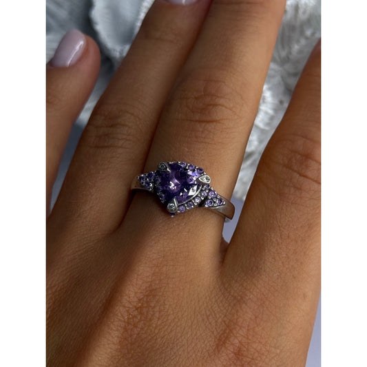 925 STERLING SILVER AMETHYST & DIAMOND HEART RING SIZE 8.5