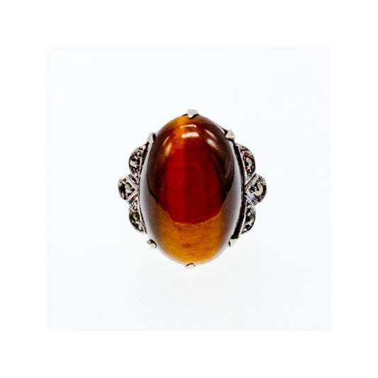 VINTAGE 925 STERLING SILVER TIGER'S EYE & MARCASITES RING SIZE 6.5