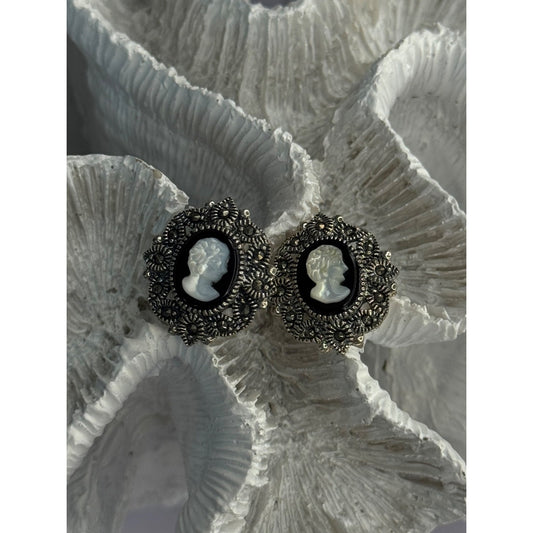925 STERLING SILVER VICTORIAN CAMEO CARVED SHELL MARCASITE EARRINGS