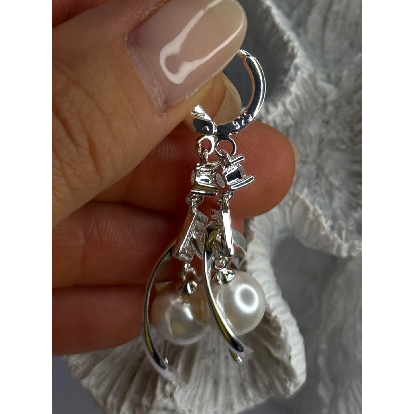 Beautiful Design 925 Sterling Silver Pearl & CZ Earrings Length 2.30 inch