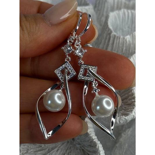 Beautiful Design 925 Sterling Silver Pearl & CZ Earrings Length 2.30 inch