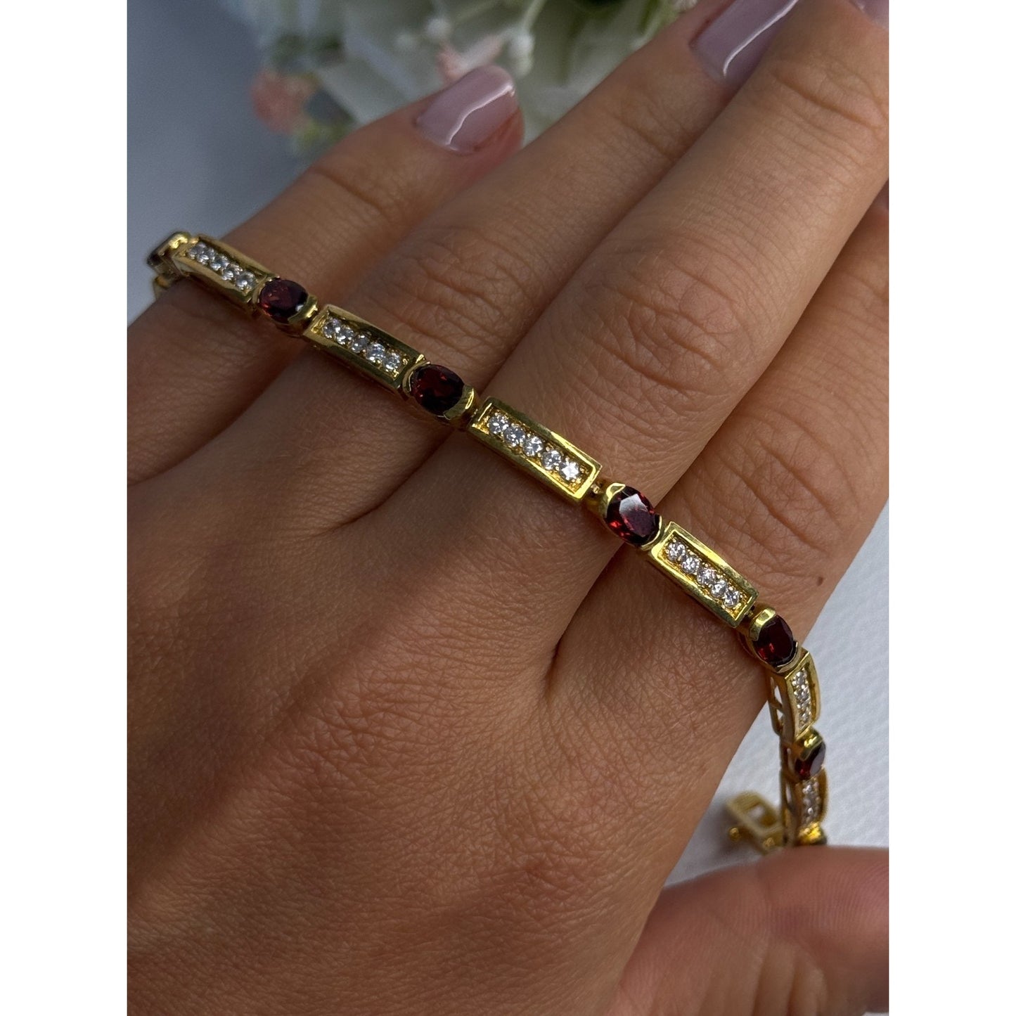 925 STERLING SILVER GOLD PLATED JJT GARNET & CZ BRACELET LENGTH 7.5