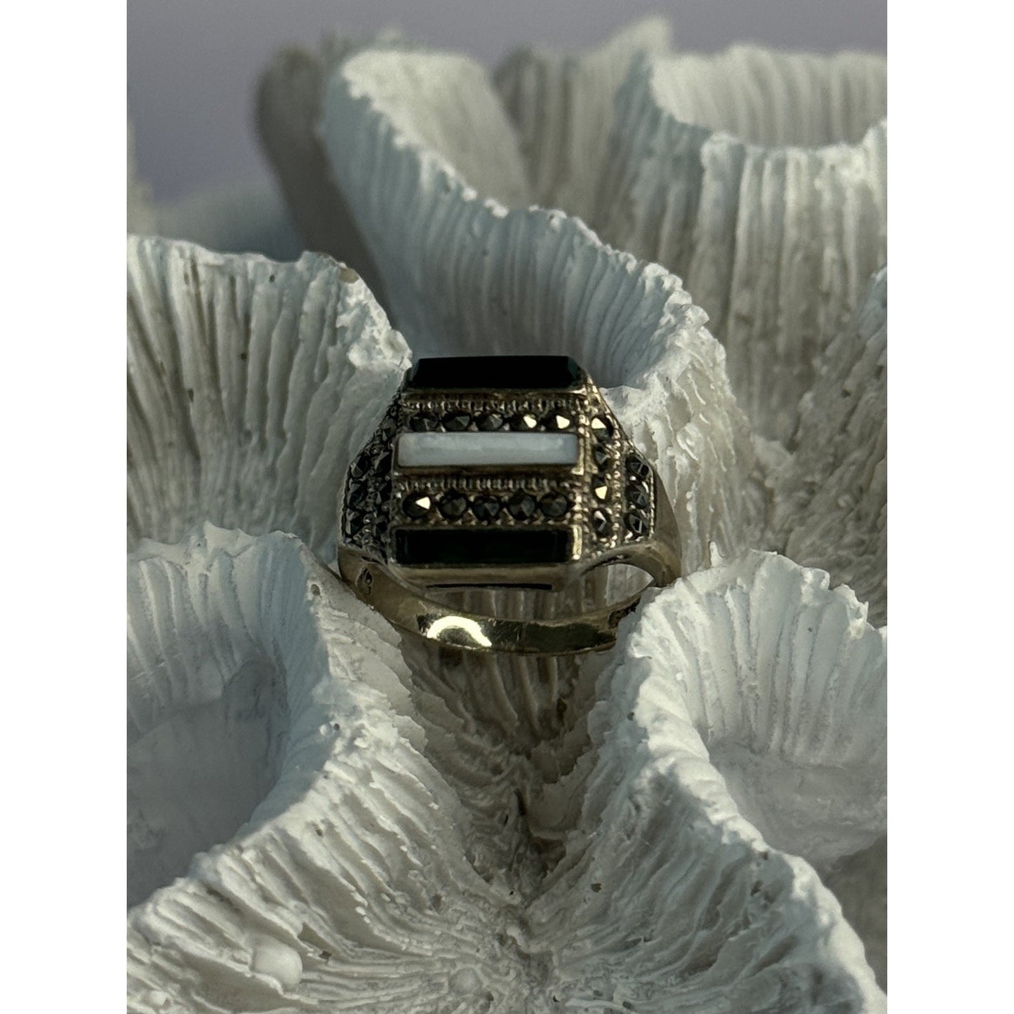 925 STERLING SILVER JADE ABALONE MARCASITE RING SIZE 6