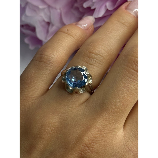 925 STERLING SILVER AQUAMARINE FLOWER RING SIZE 6