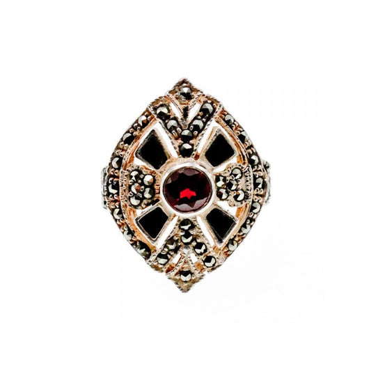 925 STERLING SILVER SPESSARTINE, BLACK NEPHRITE & MARCASITES RING SIZE 6.5