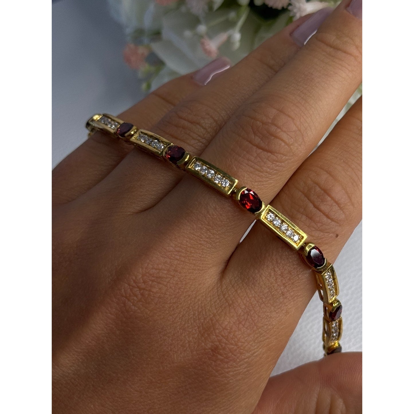 925 STERLING SILVER GOLD PLATED JJT GARNET & CZ BRACELET LENGTH 7.5