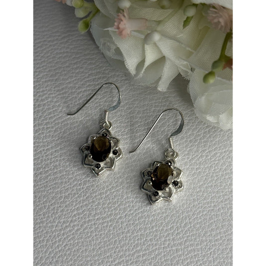 925 STERLING SILVER HESSONITE & MARCASITE EARRINGS LENGTH 1.10 INCH