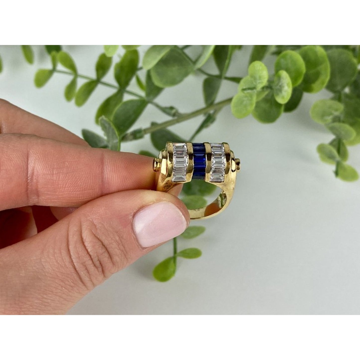 925 STERLING SILVER GOLD PLATED SAPPHIRES & CZ RING SIZE 7
