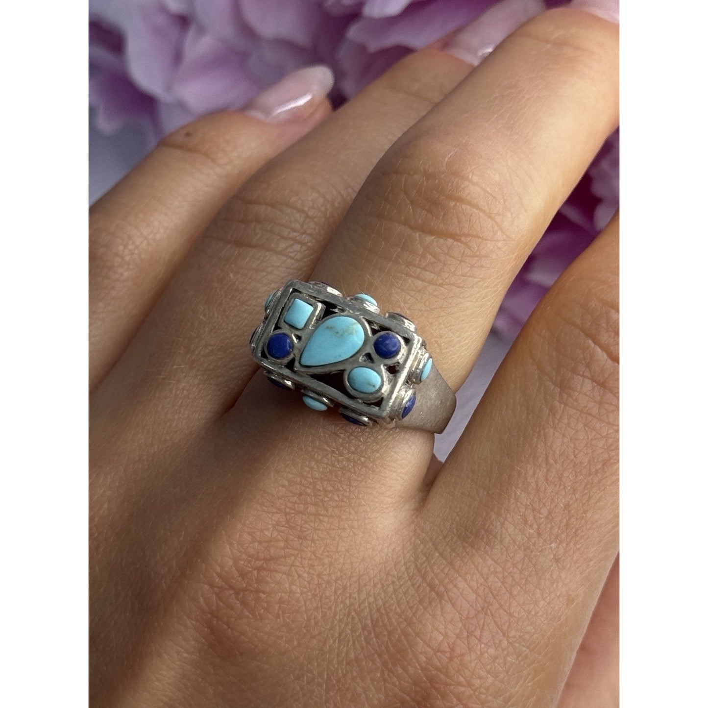 925 STERLING SILVER TURQUOISE & SODALITE RING SIZE 7.5