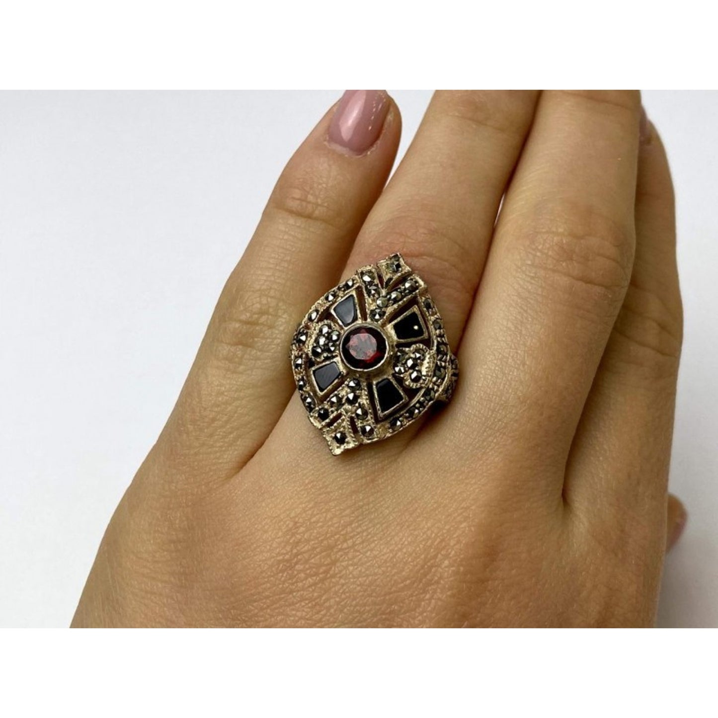 925 STERLING SILVER SPESSARTINE, BLACK NEPHRITE & MARCASITES RING SIZE 6.5