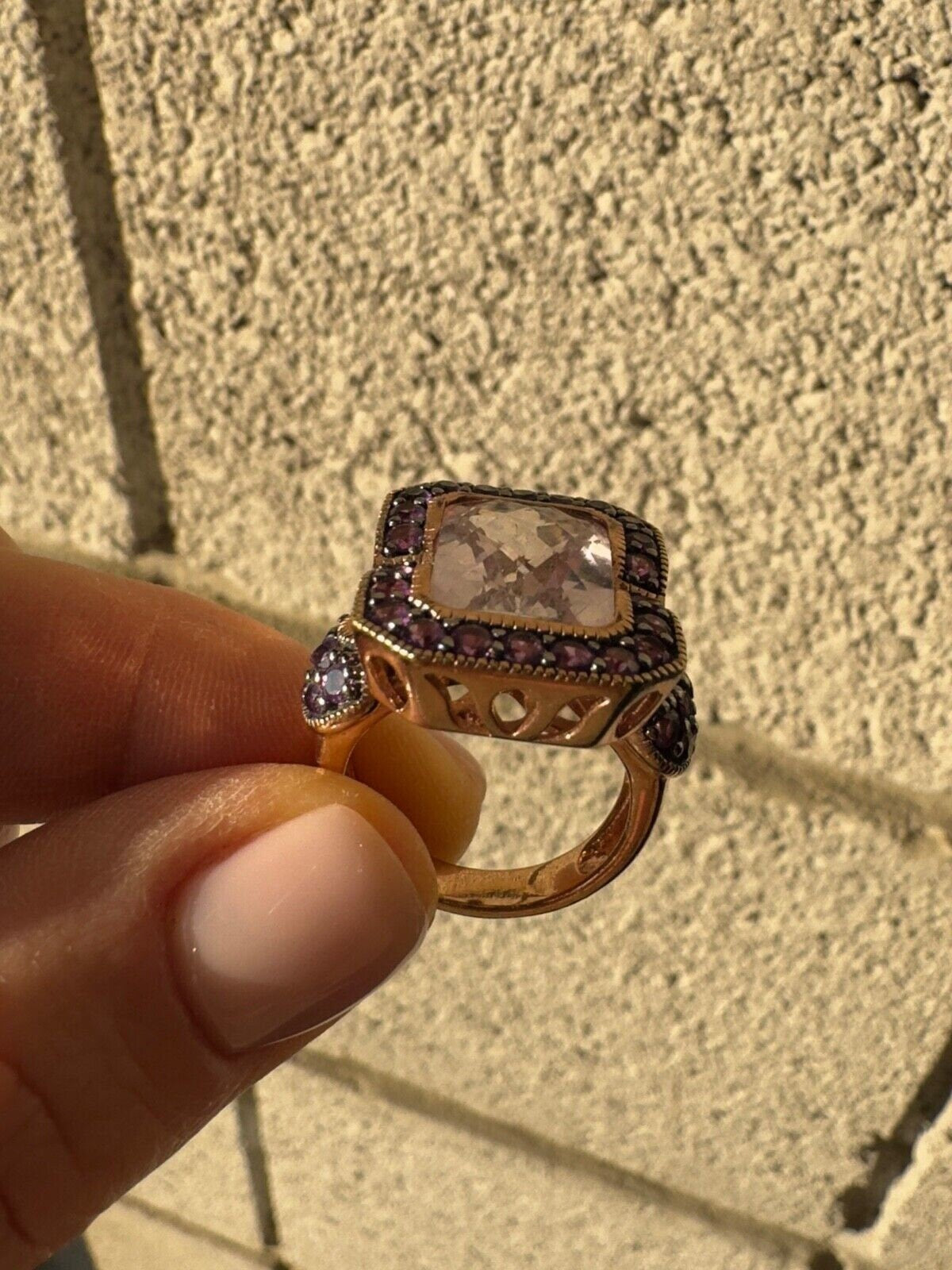 925 Sterling Silver Gold Plated Morganite & Amethyst Ring Size 6
