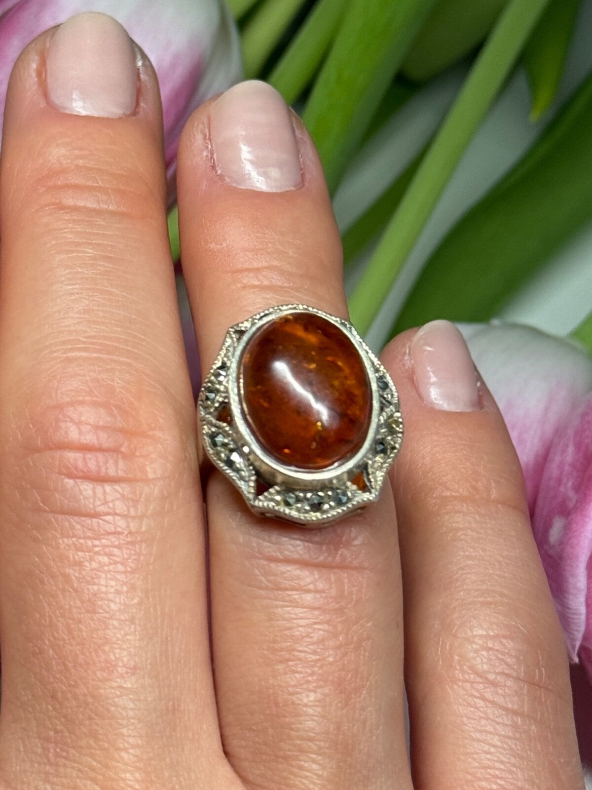 925 Sterling Silver Amber & Marcasite Ring Size 5