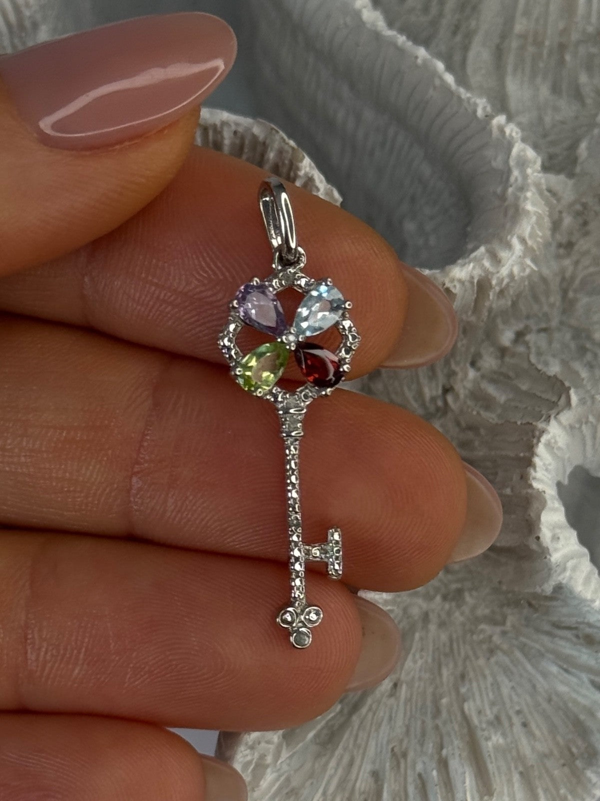 925 Sterling Silver Flower Key Multi Color Gemstones Pendant Length 1.40 Inch