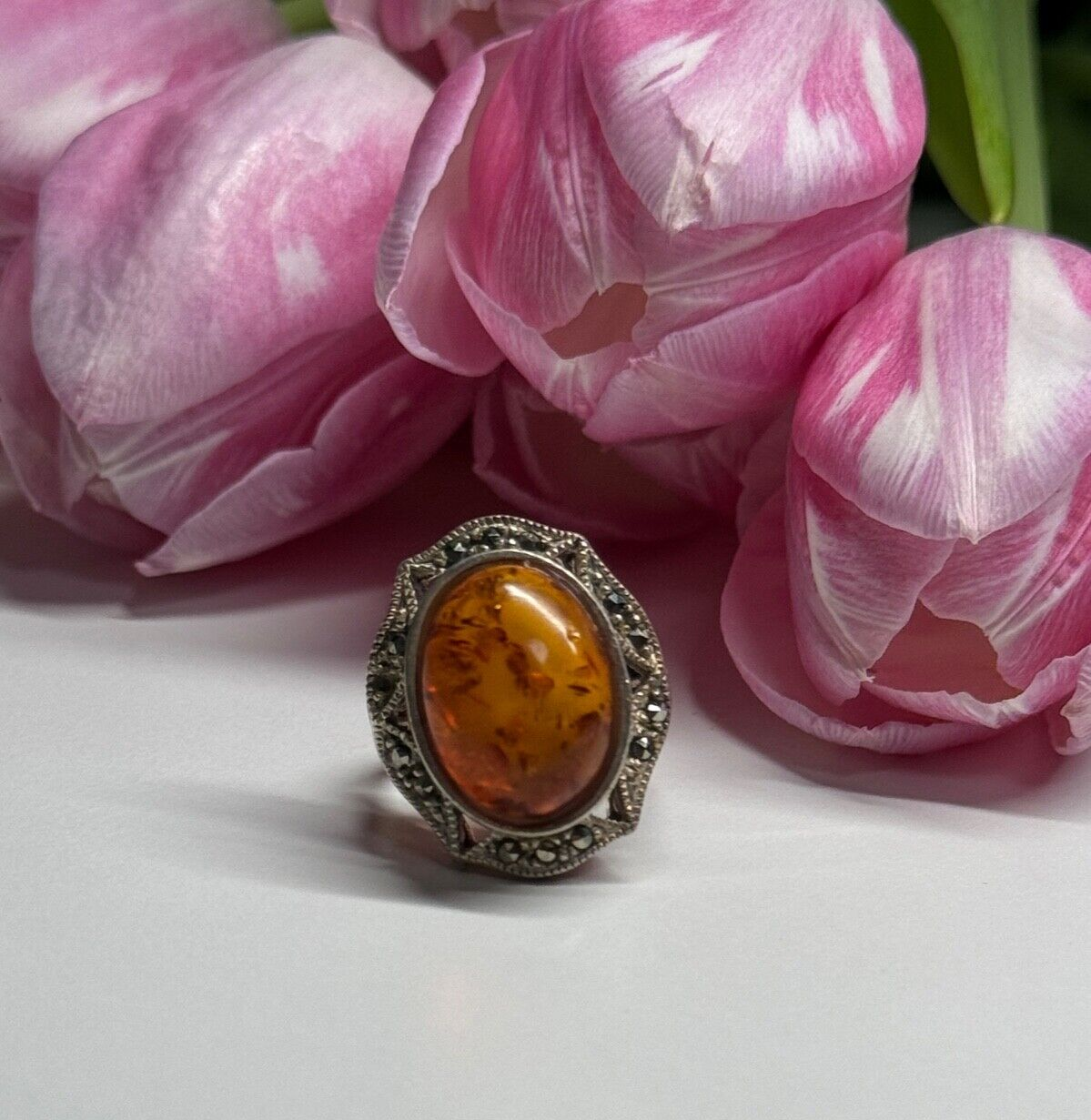 925 Sterling Silver Amber & Marcasite Ring Size 5