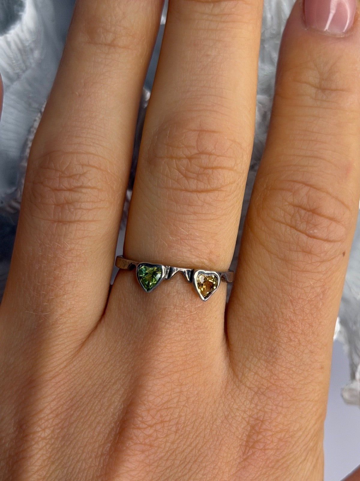 925 Sterling Silver Peridot & Citrine Heart Ring Size 8