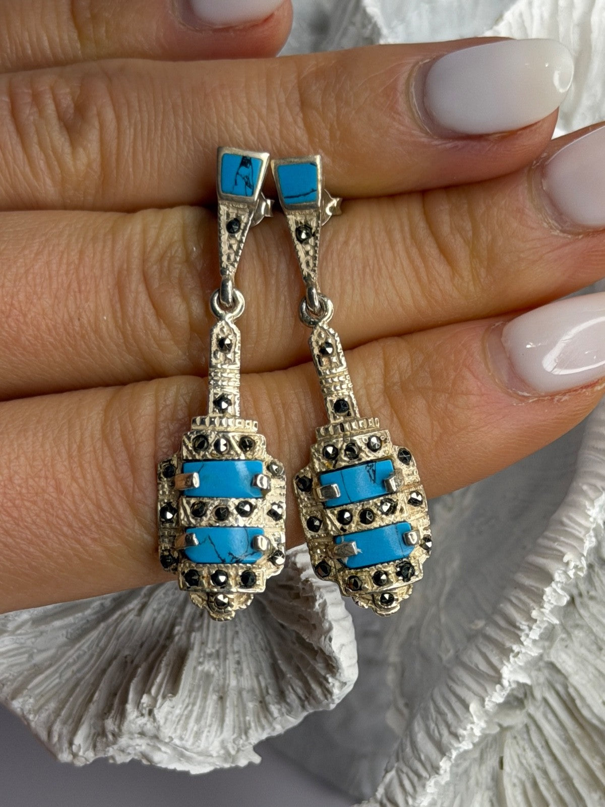 Vintage 925 Sterling Silver Turquoise & Marcasite Earrings