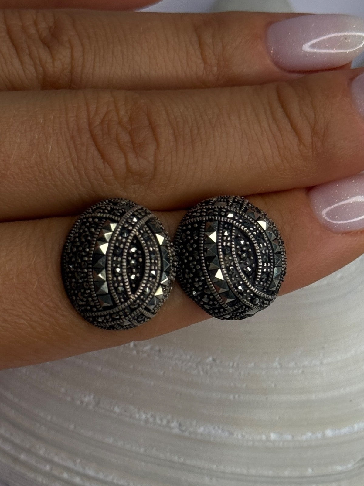 Beautiful Design 925 Sterling Silver Marcasite Earrings Length 0.7 Inch