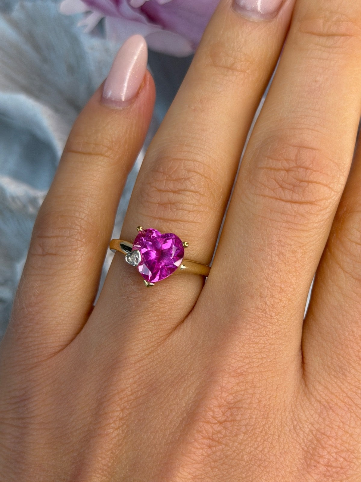 GTR 10K Yellow Gold Pink Sapphire Heart & Diamond Ring Size 7