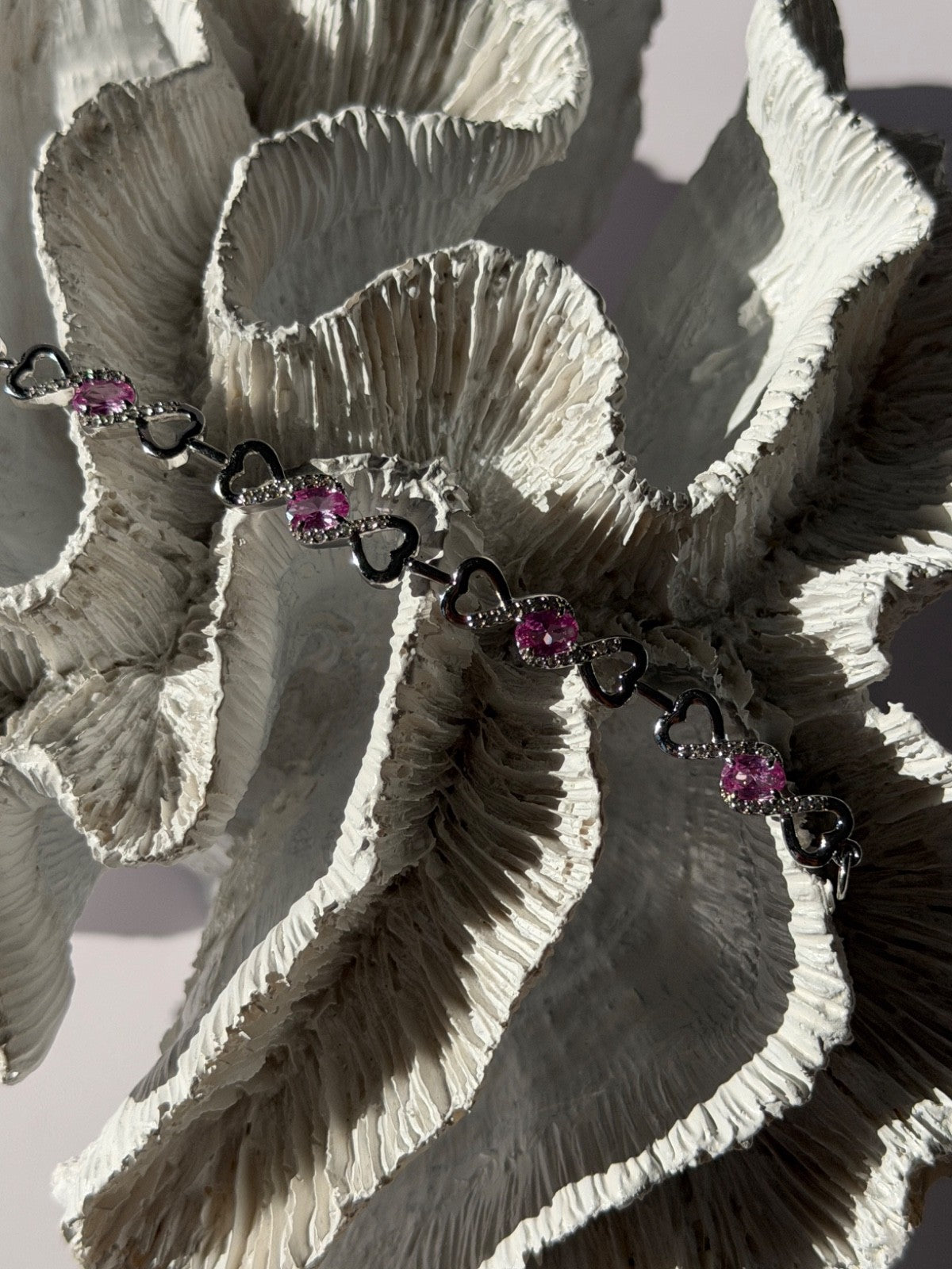 925 Sterling Silver Pink & White Spinel Heart Bracelet