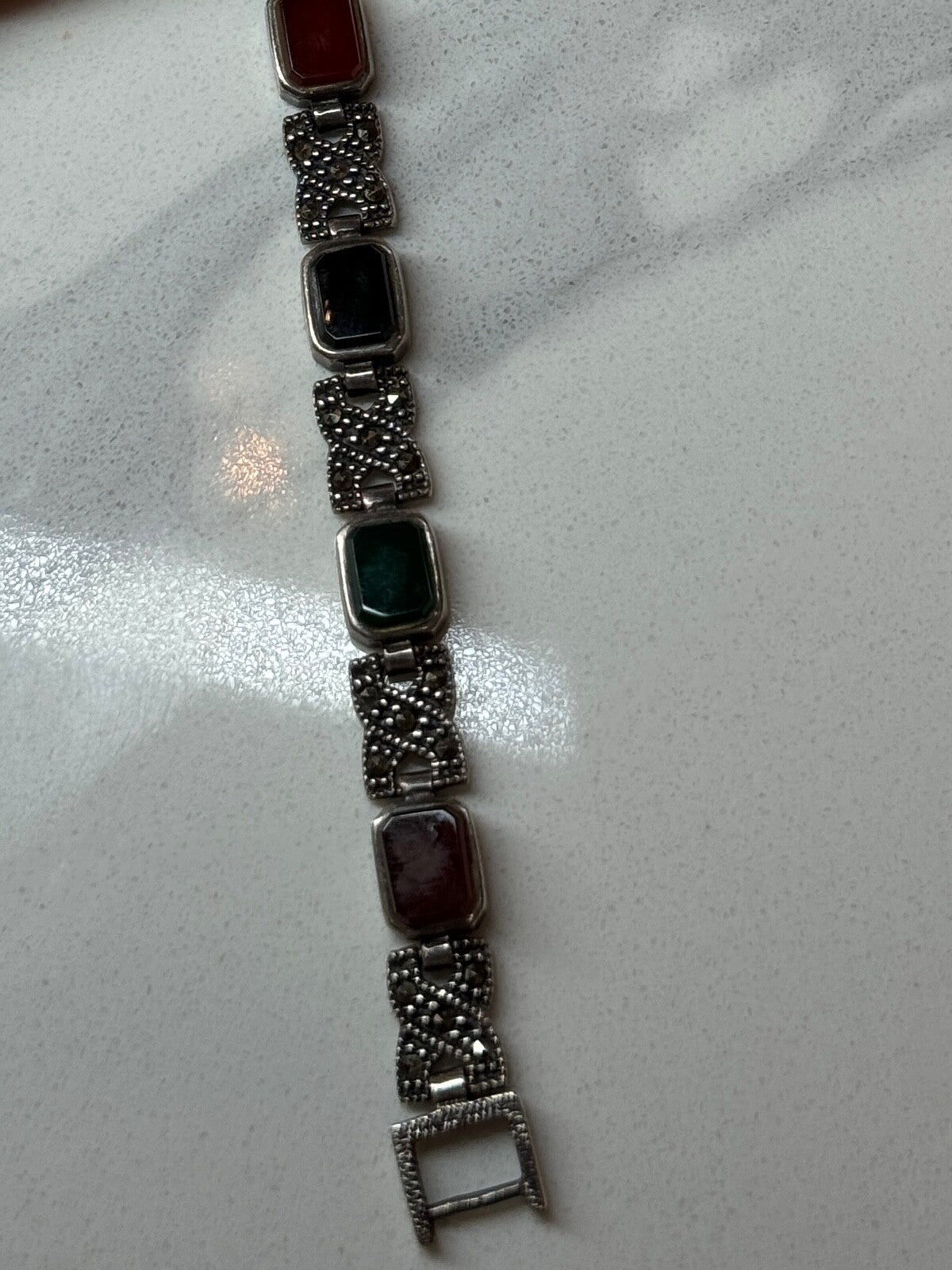 925 Sterling Silver Nephrite & Marcasite Bracelet Length 7.5 Inch