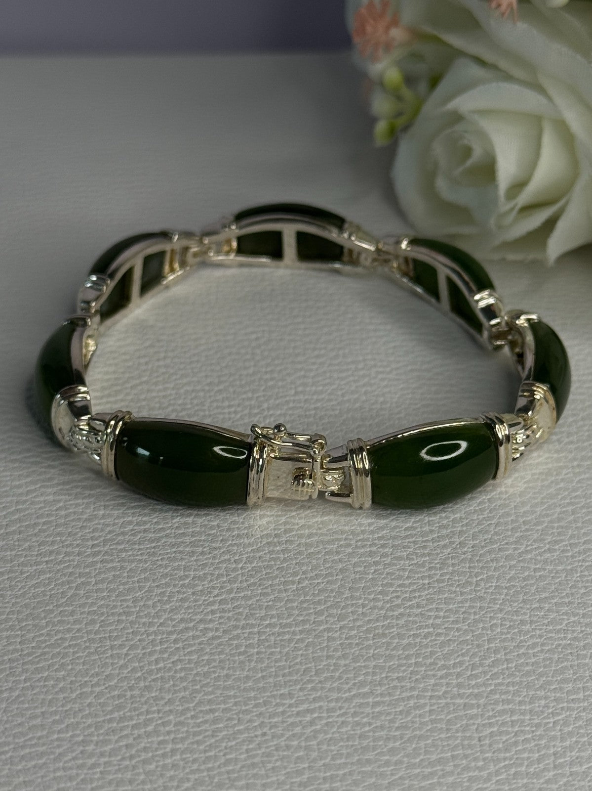925 Sterling Silver Green Nephrite Bracelet Length 7.5